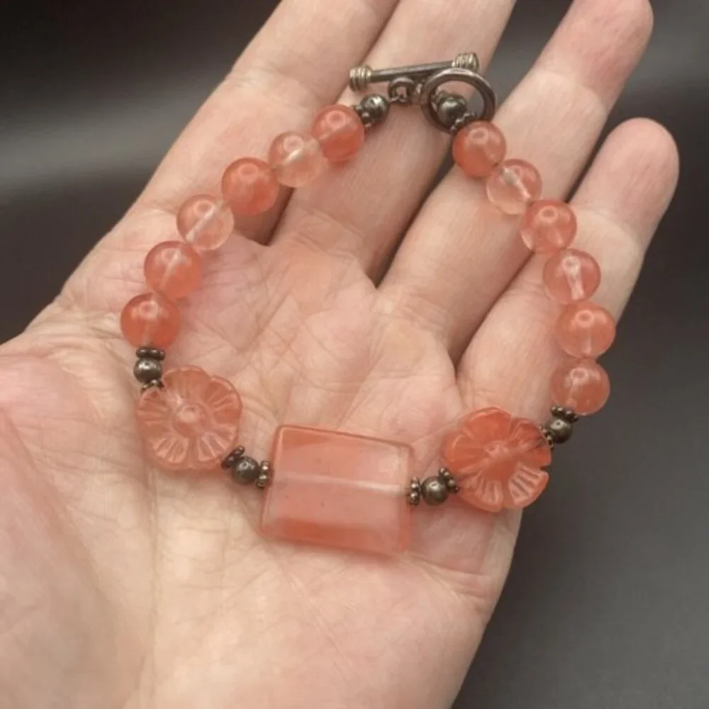 Strawberry Pink Quartz Bracelet Glass Flower Bead Sterling Silver Toggle 8" Boho - Picture 8 of 9